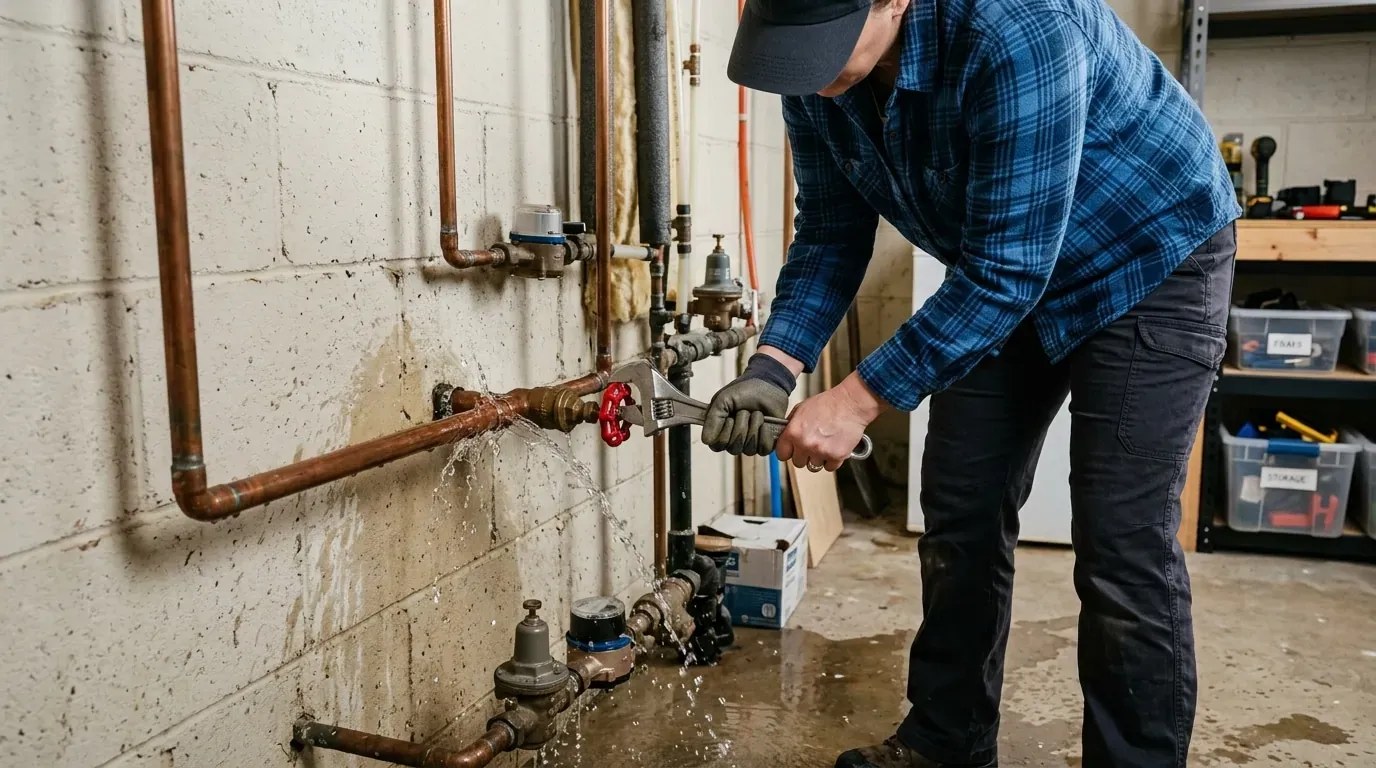 Homeowner shutting off the main water valve on a burst pipe during a plumbing emergency in a Gaithersburg, MD basement
