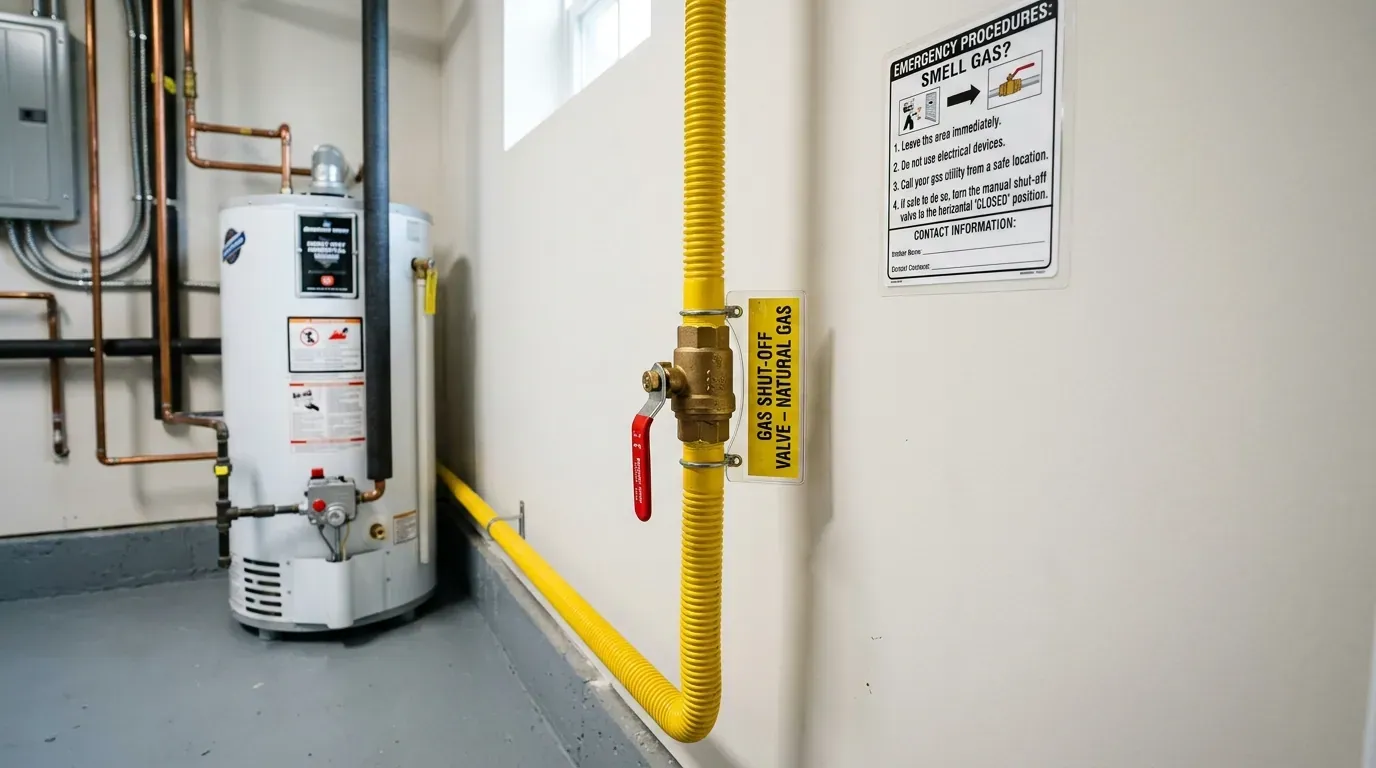 Residential natural gas line and shut-off valve in a Maryland home utility room