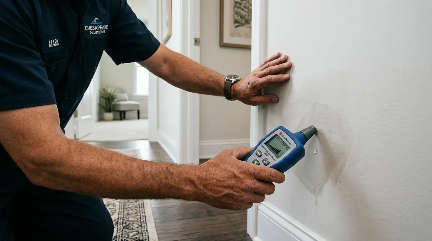 Plumber using an electronic water-leak detector on a wall in a Gaithersburg, MD home