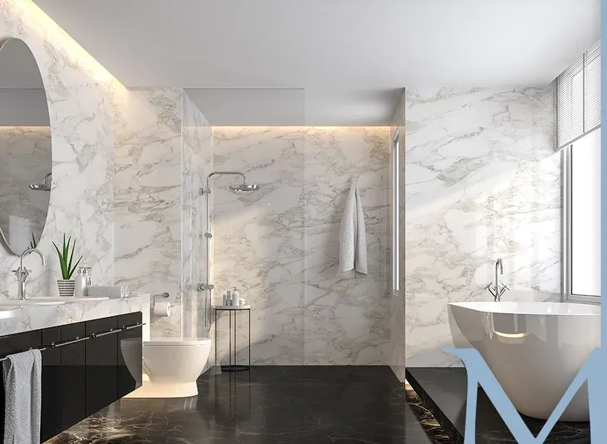 Modern bathroom with freestanding tub and glass shower
