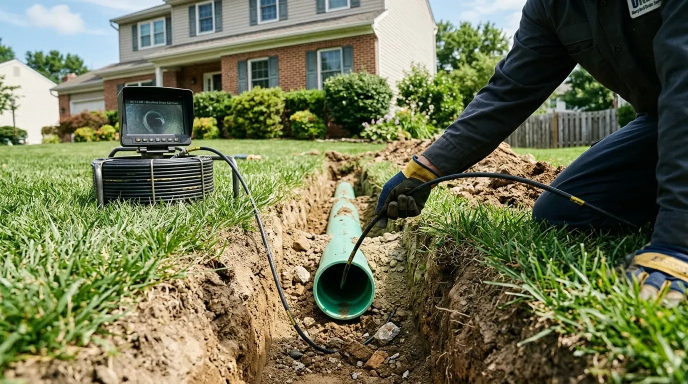 Sewer line camera inspection in progress on a Maryland home property