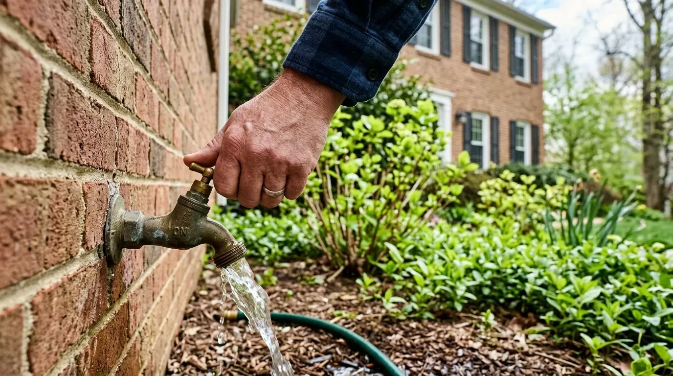 Outdoor hose spigot being tested in early spring at a Gaithersburg, MD home