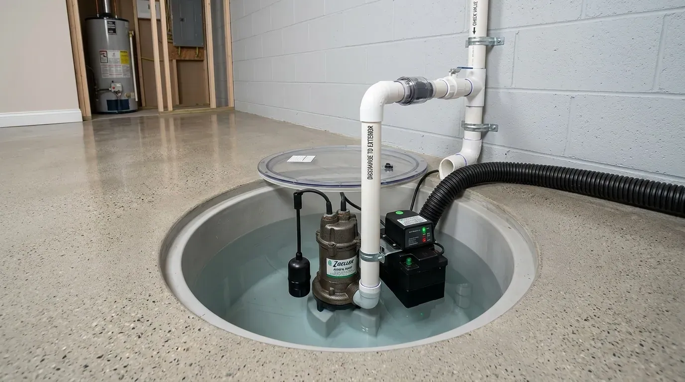 Residential sump pump installed in a basement pit at a Gaithersburg, MD home