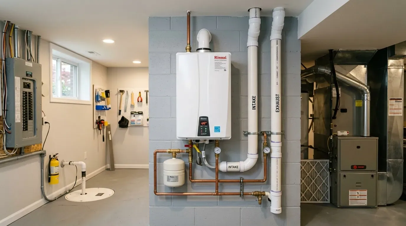 Wall-mounted tankless gas water heater installed in a Frederick County, MD home