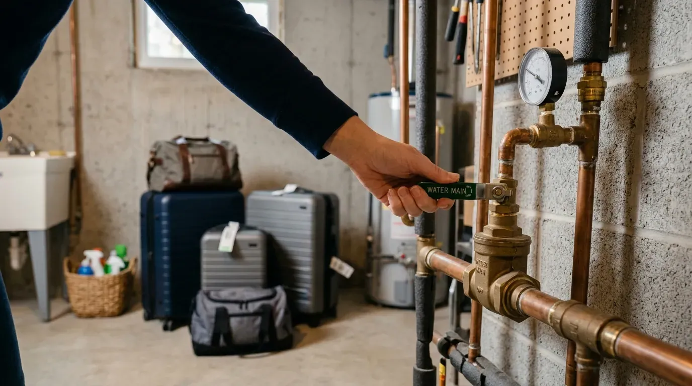 Homeowner turning off the main water shut-off valve before a vacation in a Gaithersburg, MD home