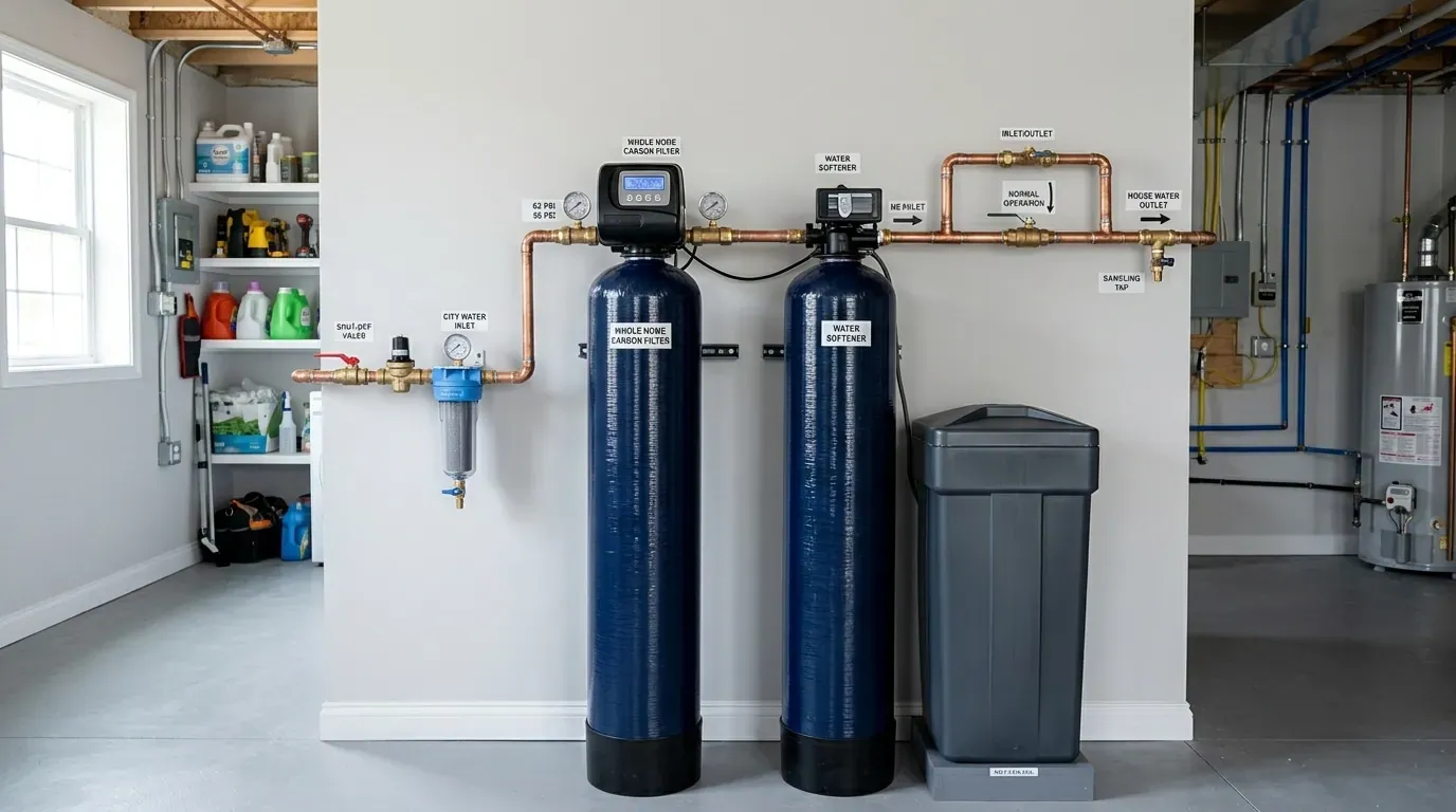Whole-home water filtration system installed on the main supply line of a Maryland home