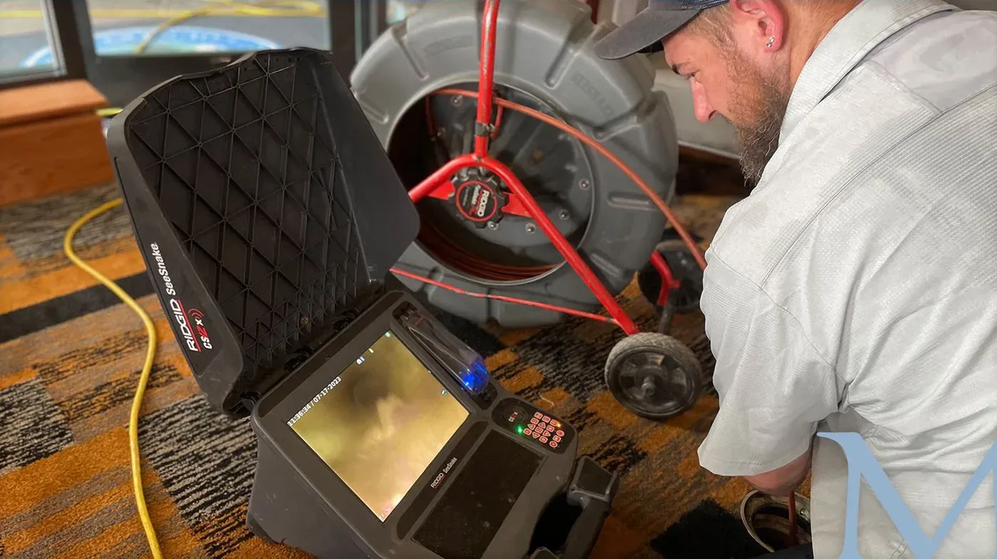 Mallick technician running a sewer camera on a commercial job