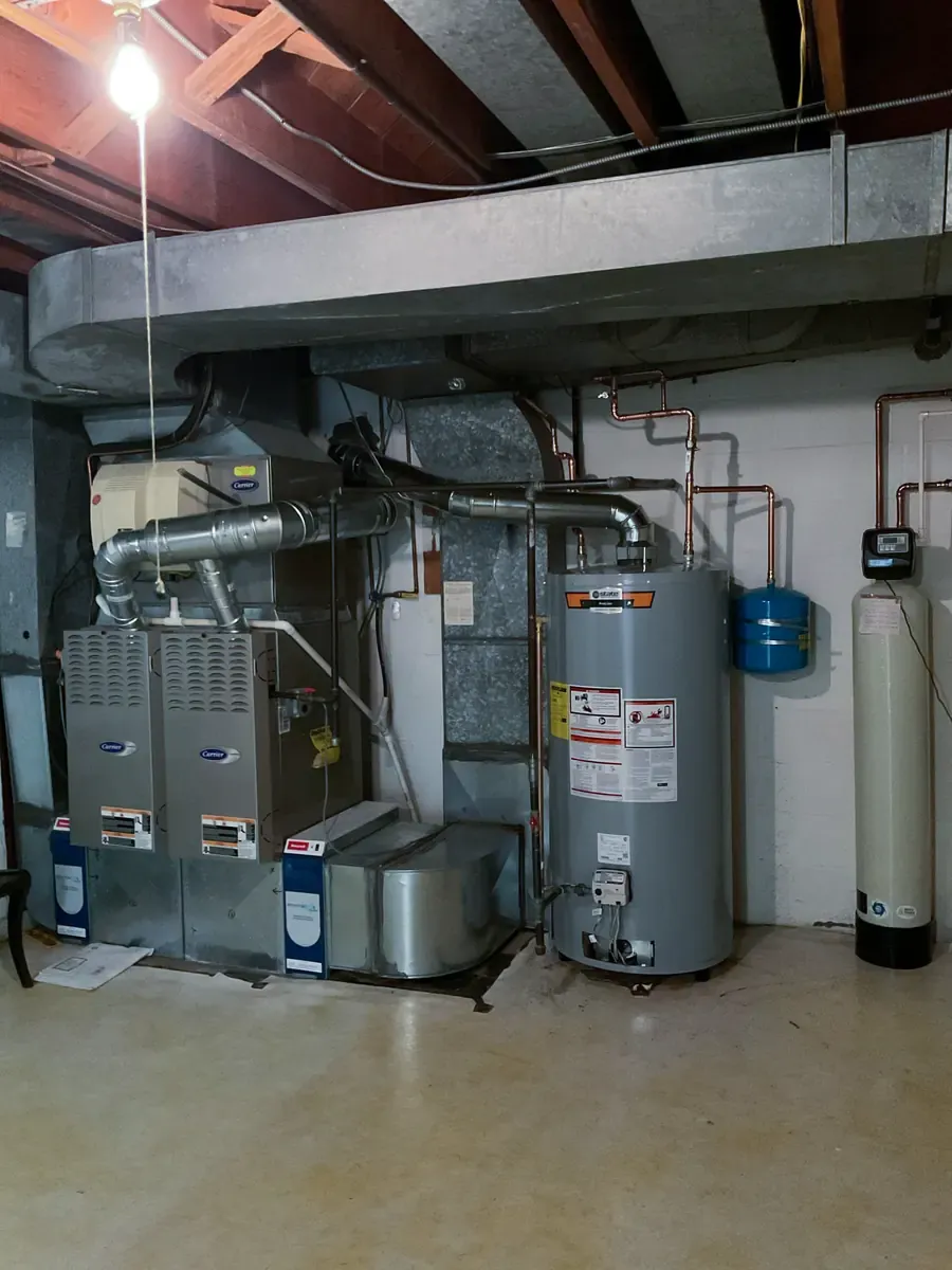 High-efficiency gas water heater installed in a basement beside a water softener and furnace